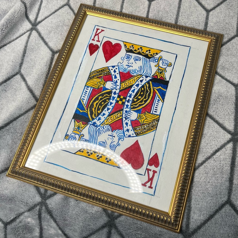 Hand Painted King of Hearts Playing Card Poker Painting w Ornate Gold Frame